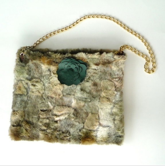 paroliro Handbags - Camo Faux Fur Soft Shoulder Bag Gold Chain Fairycore Rustic Celtic Green Brown